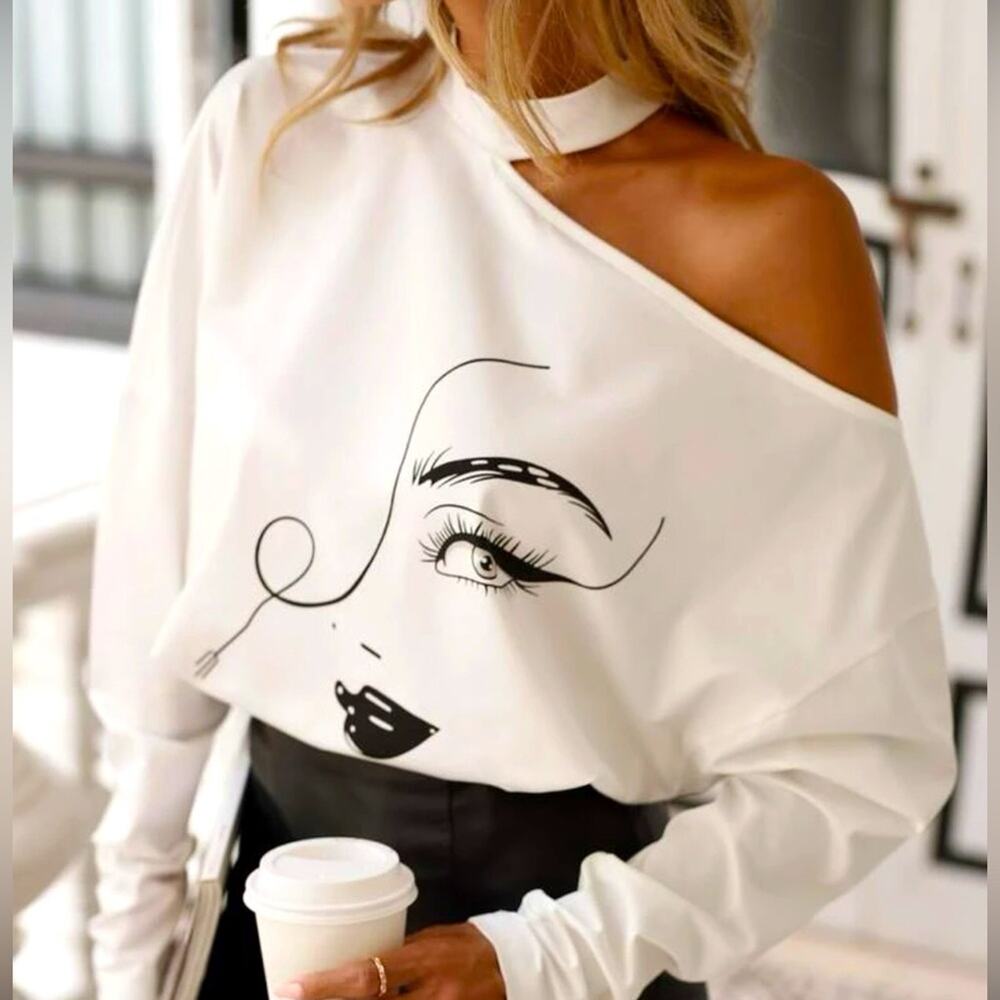 SHEIN White Off-Shoulder Long Sleeve Tee with Black Face Graphic